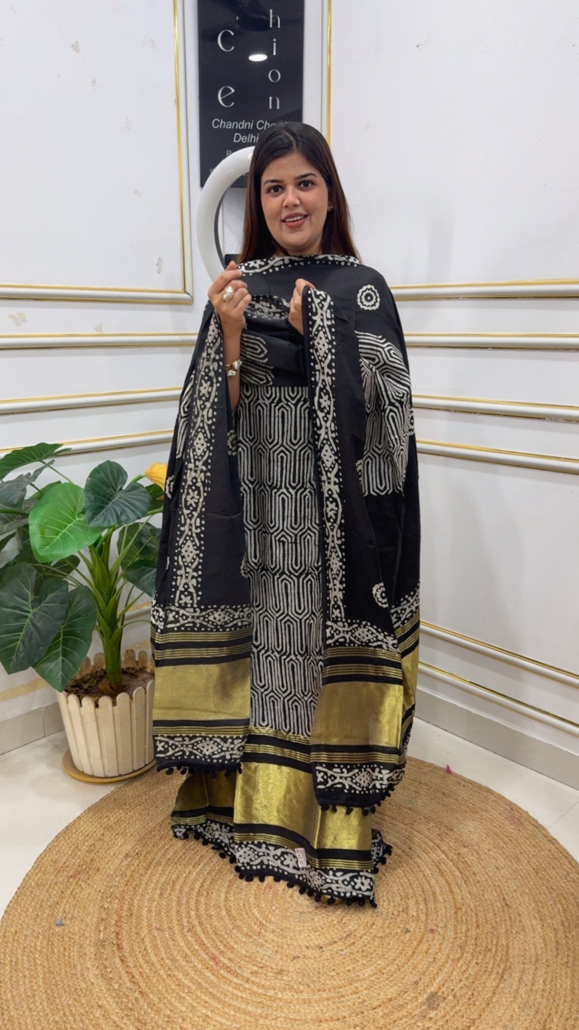 Summer special lakadpatti golden weaved border pure cotton printed suit material along with pure lakadpatti cotton dupatta GF1212 Black