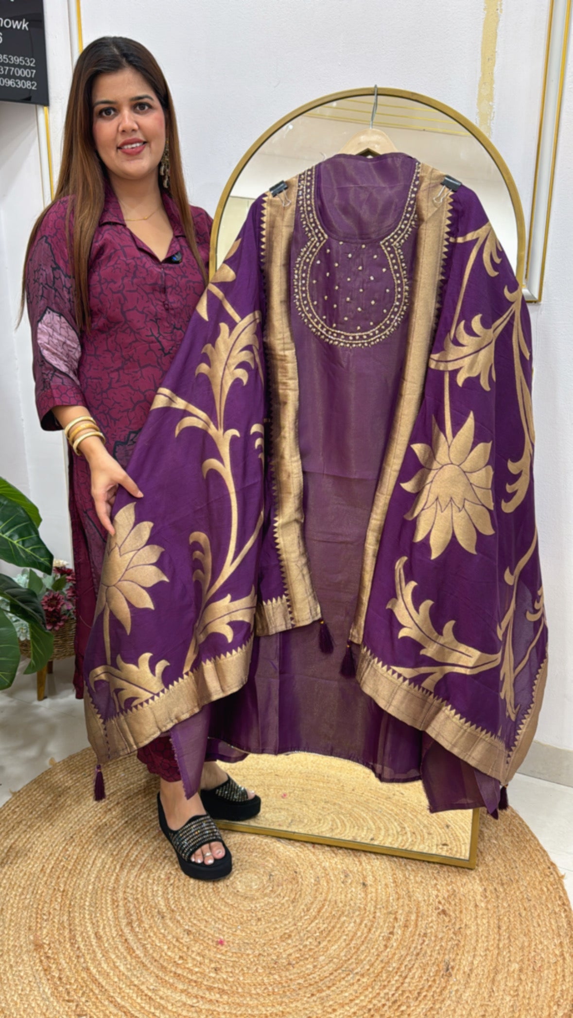 Special festival series pure shimmer silk suit with neck handwork along with weaved banarasi dupatta GF591