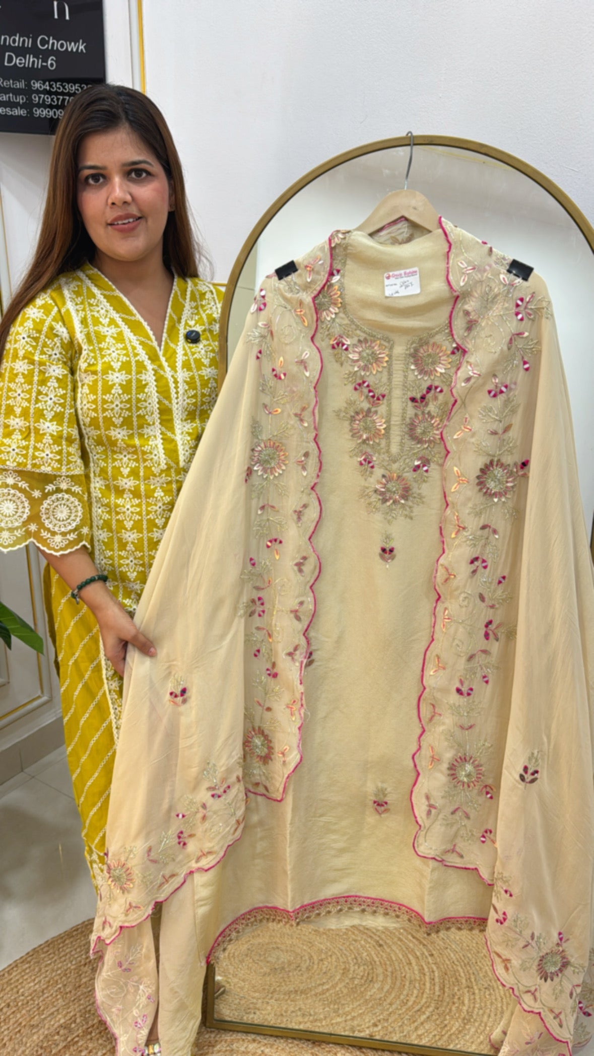premium golden ivory suit material with mirror neckwork along with designer dupatta GF 475