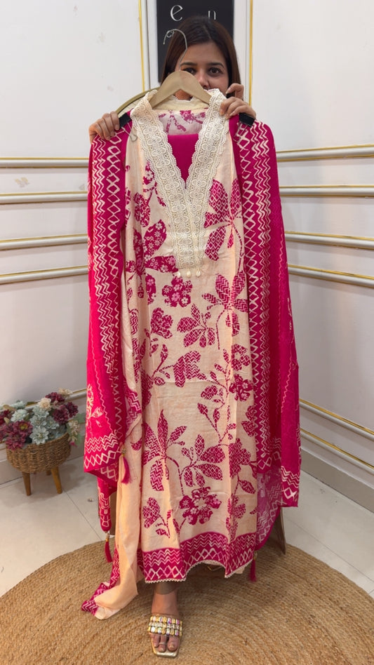 Beautiful Summerish pure muslin cotton printed suit material with classy neck detailing and muslin printed dupatta GF1027 HOT PINK
