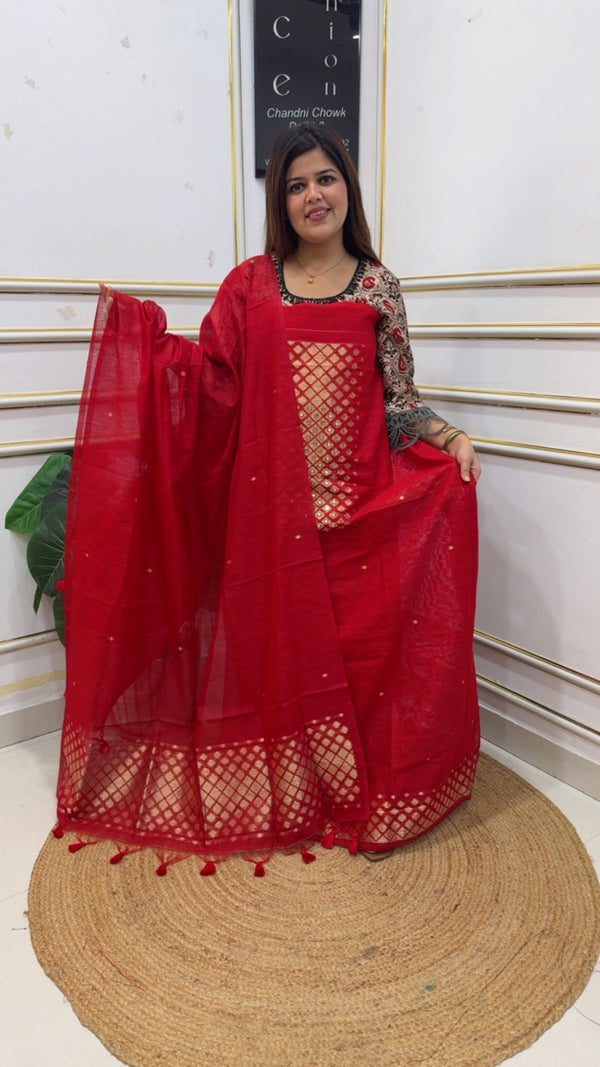 Viral and huge demanded best seller gold weaved handwork engraved pure Moonga silk pure Jamdani suit material along with golden weaved dupatta gf1196 Red