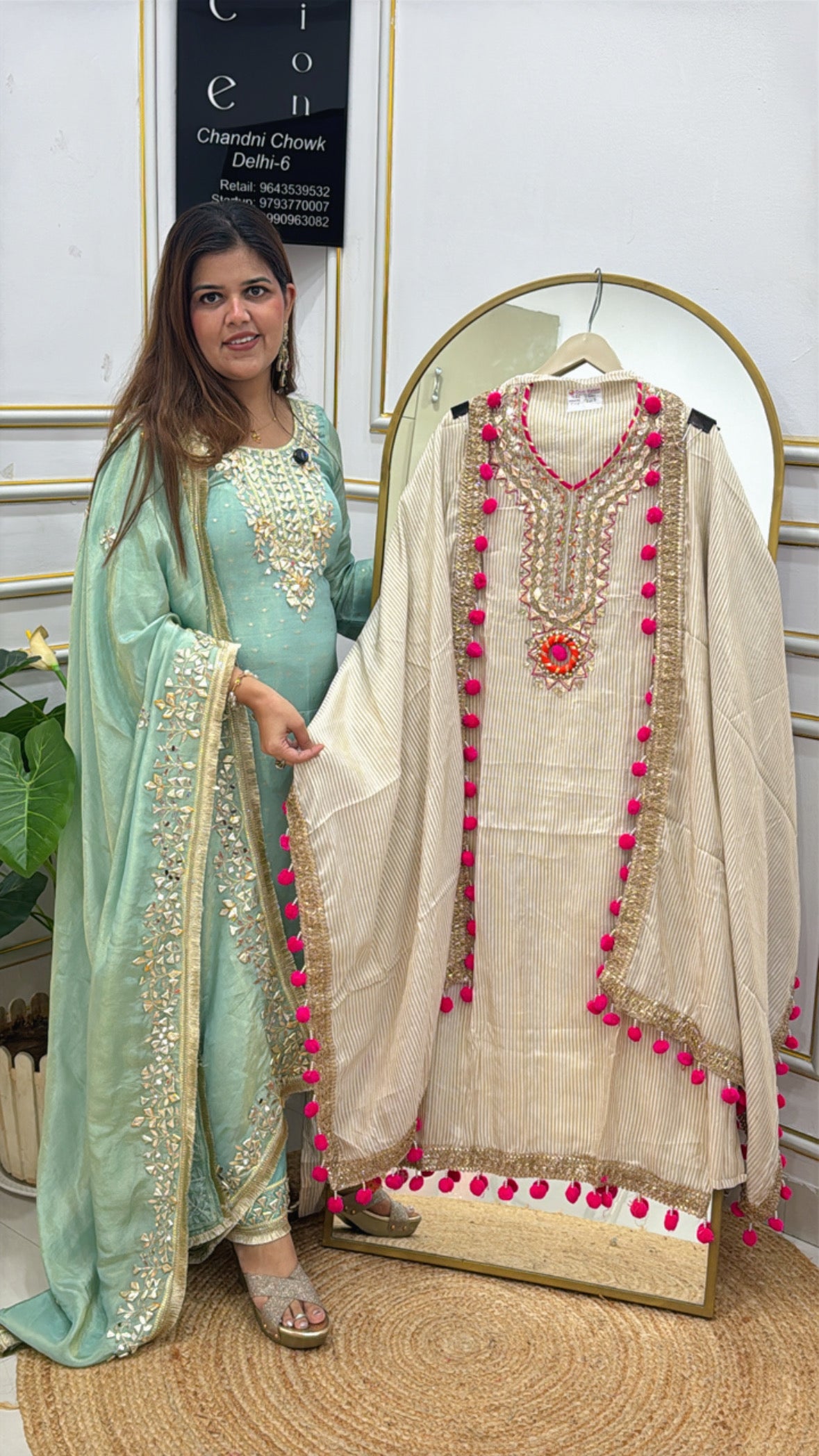 Designer latest golden ivory shimmer silk suit material along with gota neck work with full pom-pom detailing shirt and dupatta GF 576