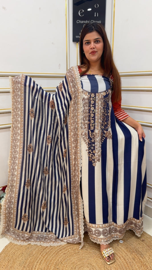 Pure muslin designer celebrity style pattern suit material along royal and classy Mul muslin dupatta GF1107 WHITE WITH BLUE STRIPED