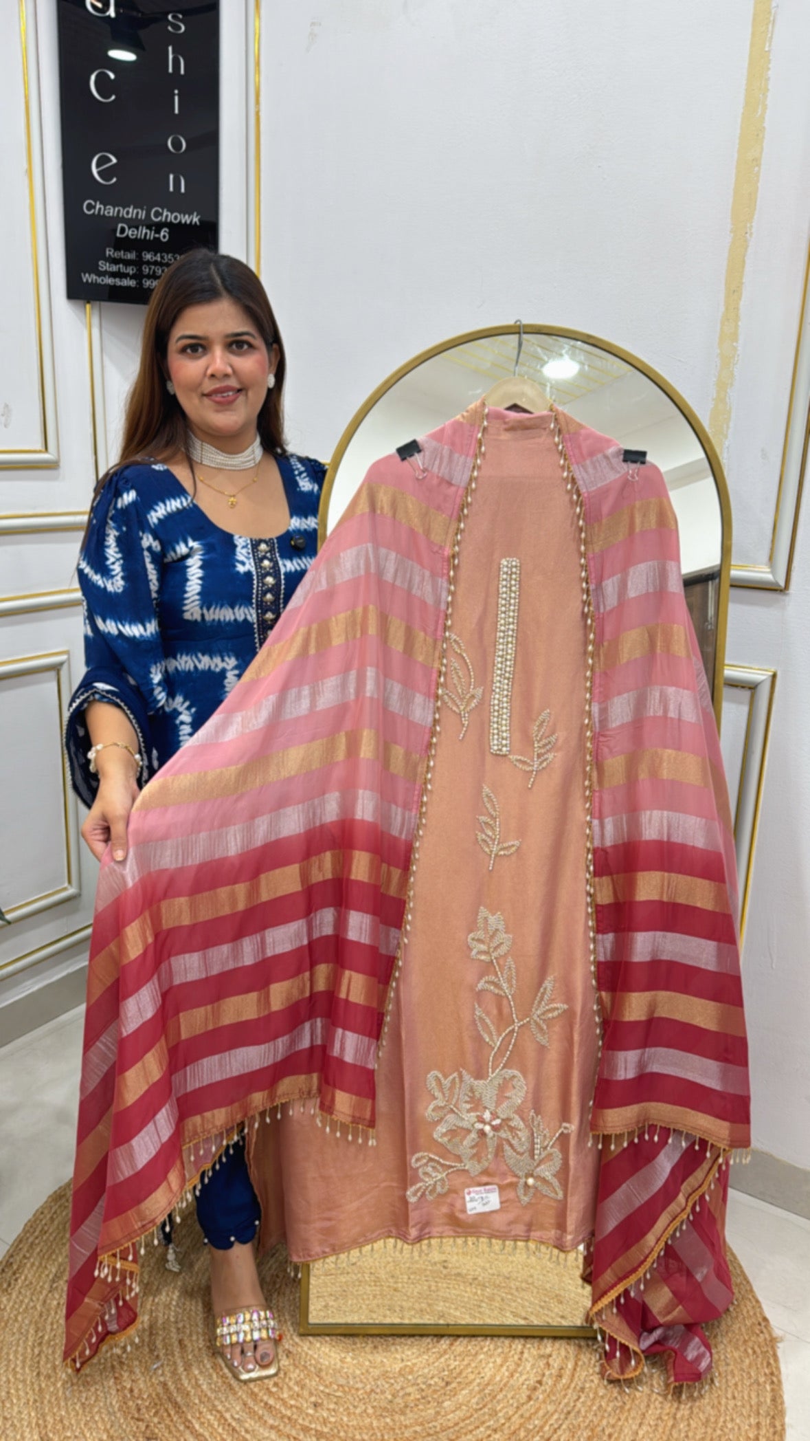 Designer and latest pure shimmer silk suit material with unique handwork detailing along with designer shimmer silk dupatta GF571