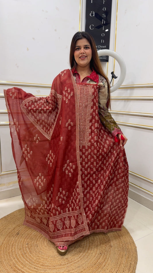 Kantha unique tusser Chanderi silk series with hand Kantha work along with premium Kantha embroidered dupatta gf1208 Rust