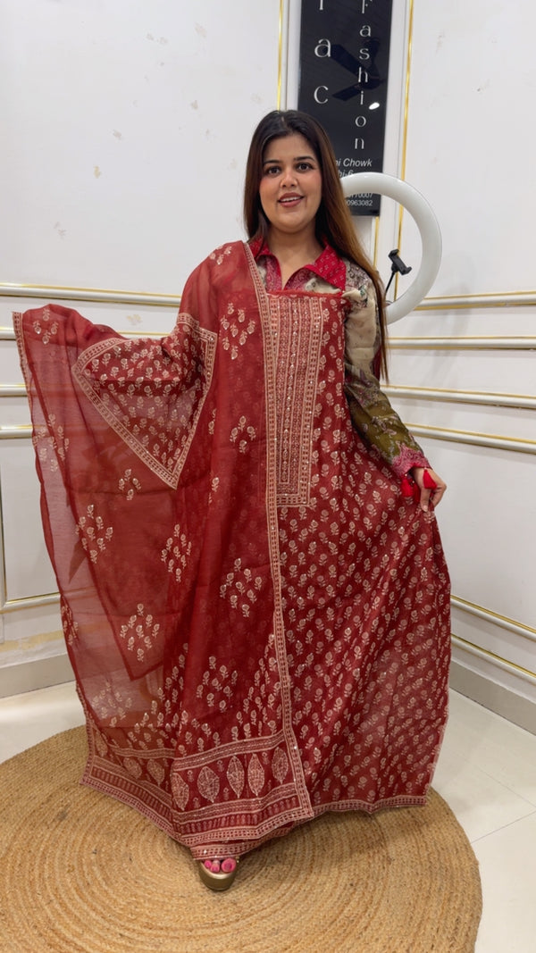 Kantha unique tusser Chanderi silk series with hand Kantha work along with premium Kantha embroidered dupatta gf1208 Rust
