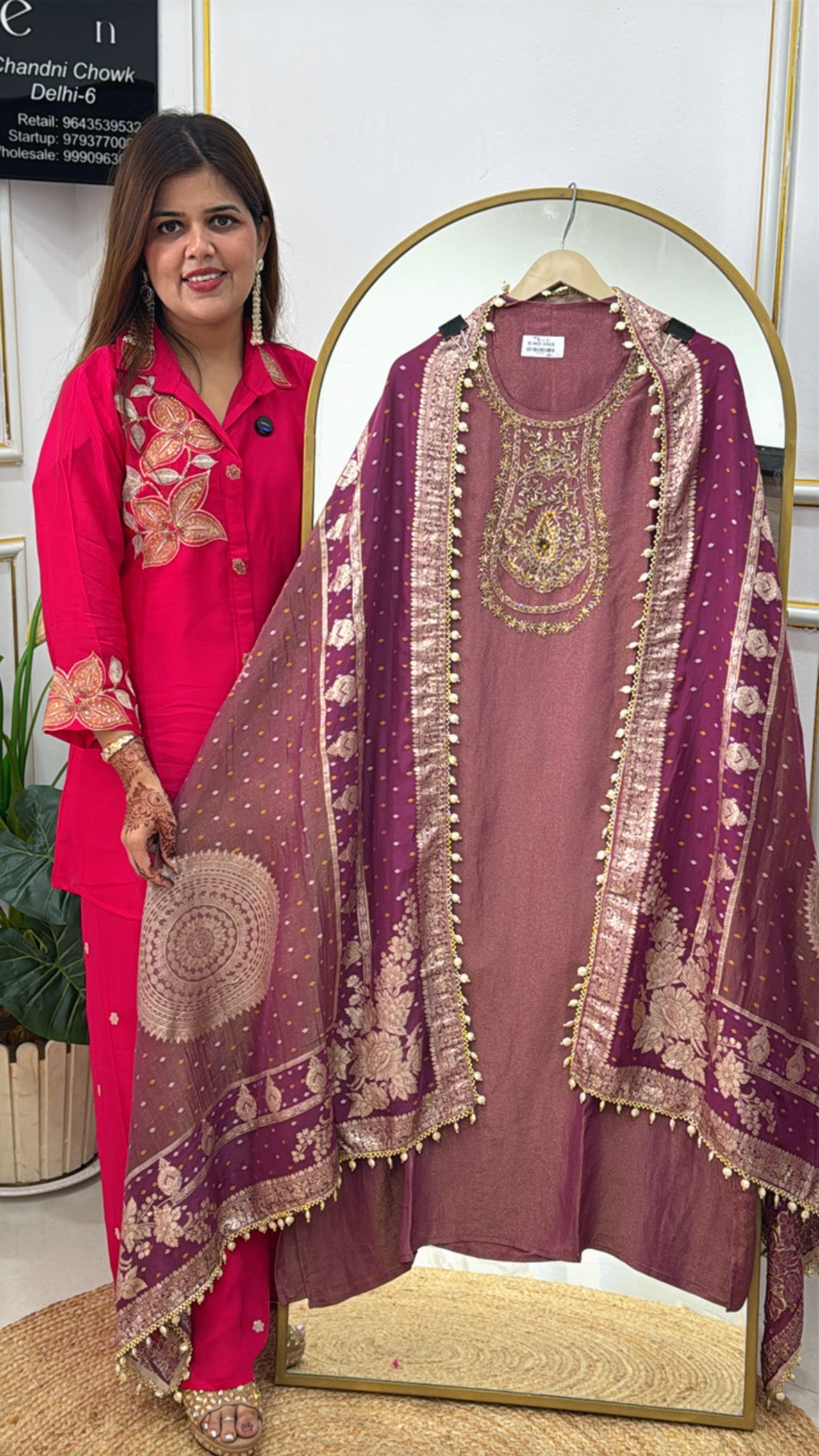 Pure Shimmer Silk Suit Material with Handwork Neck &amp; Heavy Weaved Banarasi Dupatta GF 395