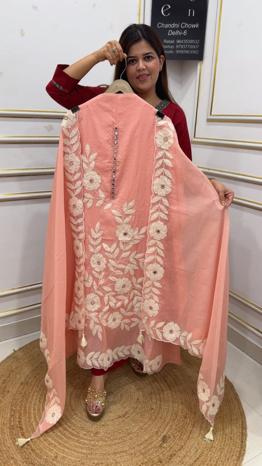 Elegant and Royal pure Mul Mul cotton with premium shiffali applique work all over suit material with super royal and premium dupatta work GF1136 PEACH