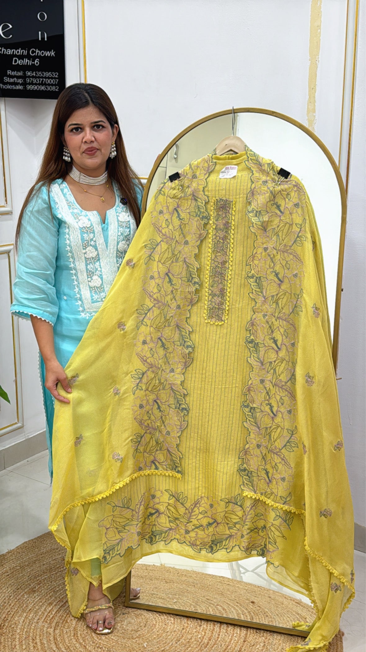 Elegant and designer pastel shimmer silk suit material with designer scalped work dupatta GF514
