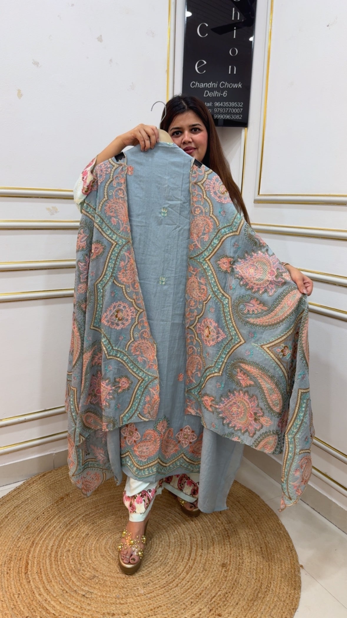 Best seller Mul Mul cotton super classy suit material along with full embroidery royal premium embroidered dupatta work GF1134 Dusty Ice Blue
