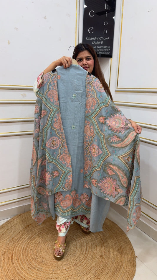 Best seller Mul Mul cotton super classy suit material along with full embroidery royal premium embroidered dupatta work GF1134 Dusty Ice Blue