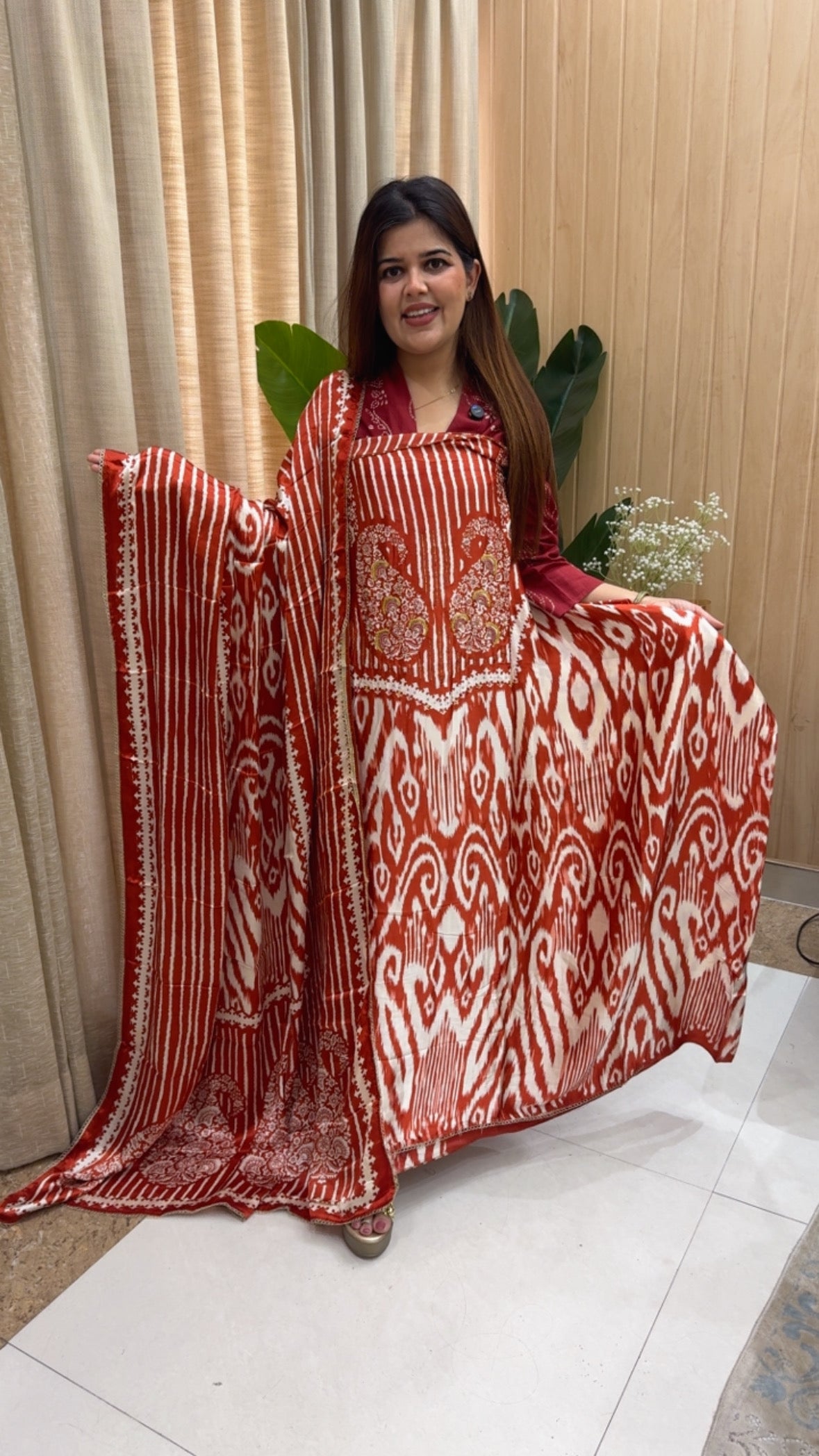 Gazzi silk premium quality Ikkat printed pure design luxurious suit material along with designer Ikkat printed dupatta GF1163 Red