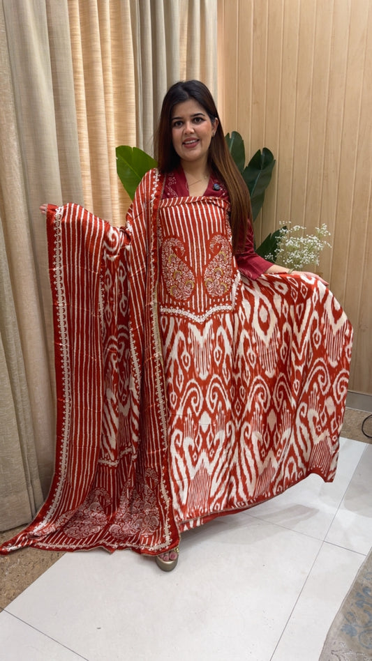 Gazzi silk premium quality Ikkat printed pure design luxurious suit material along with designer Ikkat printed dupatta GF1163 Red