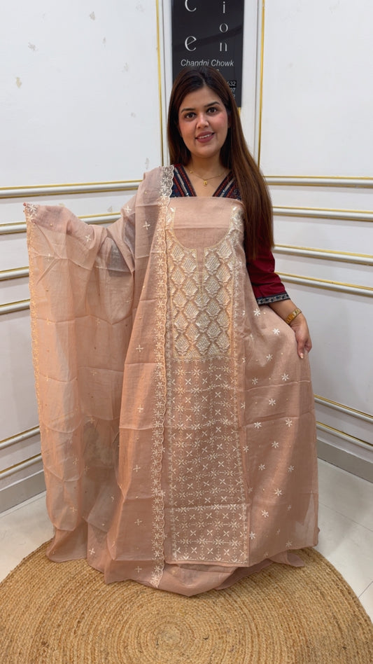 Mul Mul cotton very beautiful full panel embroidery Karachi work suit material with Mul Mul dupatta GF1070 Soft Peach Nude
