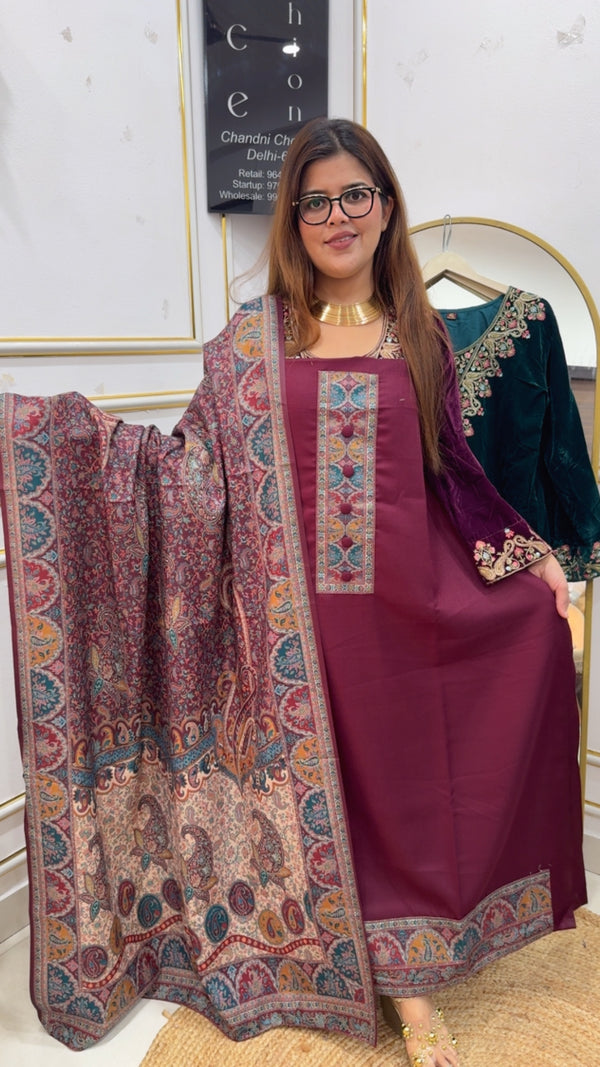 Warm pashmina beautiful pure pashmina suit material with kani printed pashmina shawls and pashmina bottom GF886