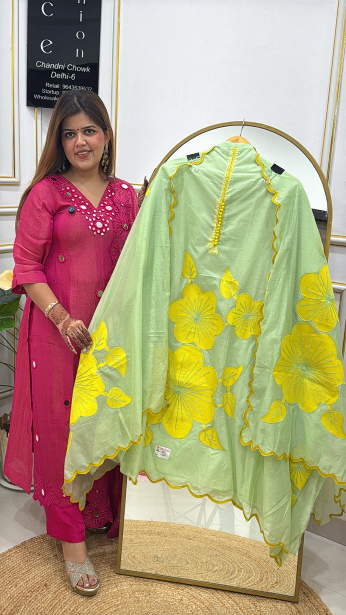 Designer Mul Mul Chanderi Suit Material with Allover Appliqué Floral Detailing &amp; Matching Dupatta GF 372