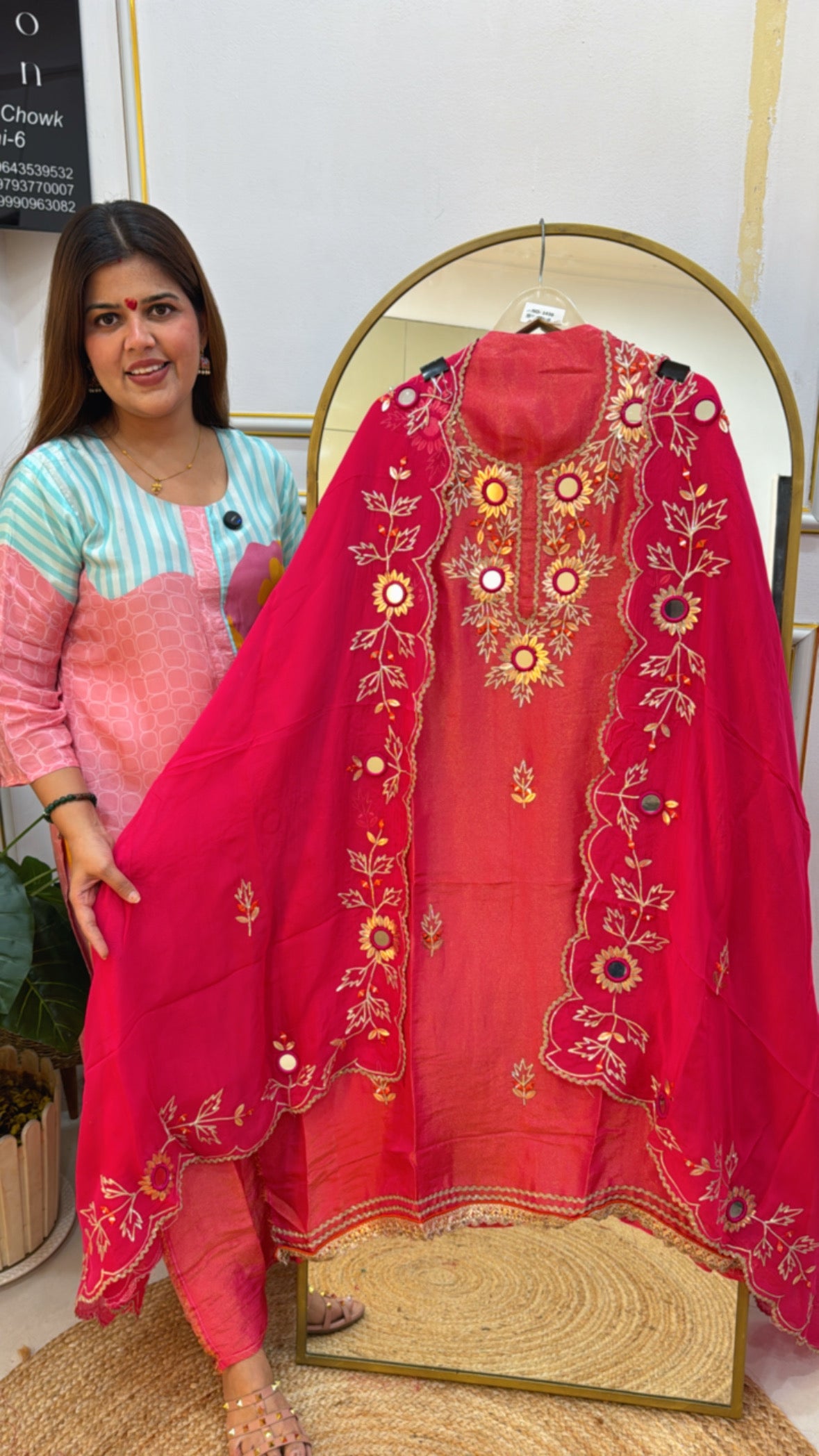 mirror elegance karwa Chauth special designer shimmer silk pure mirror and gota patti suit material along with organza silk scalped dupatta with mirror and gota detailing  GF 606