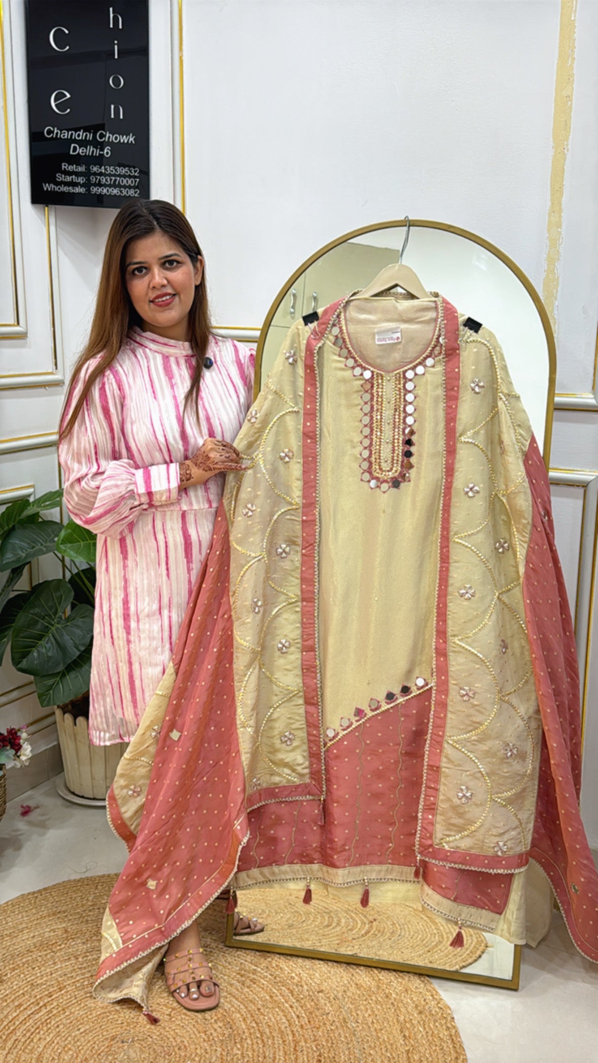 Radiant Partywear Shimmer Silk Suit Material with Mirror Handwork &amp; Gota Dupatta GF 407