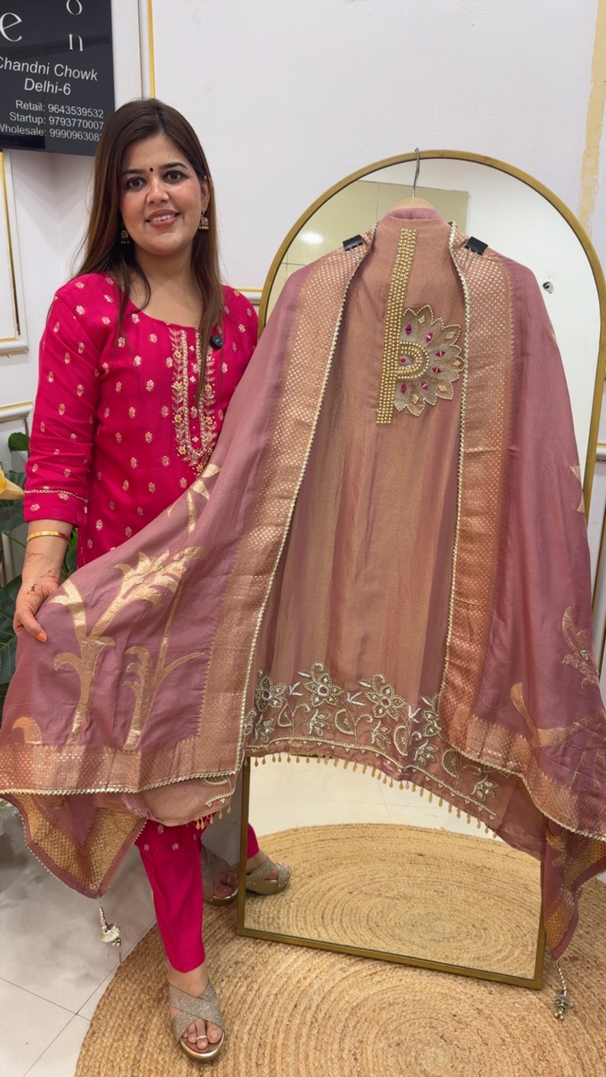 Latest and designer partywear special premium handwork detailing shimmer silk suit material with designer weaved dupatta GF 752