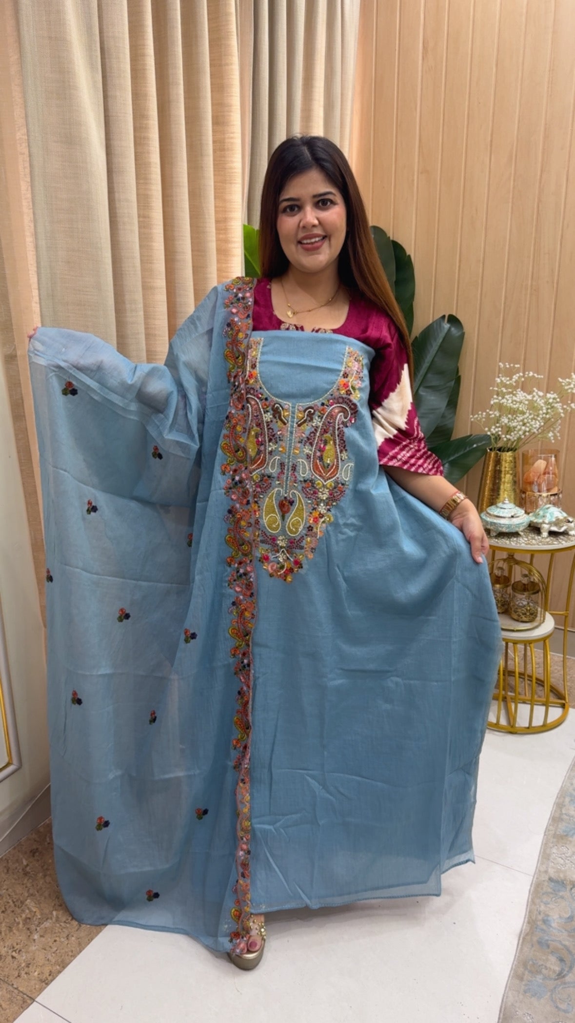 Semi partywear super classy and comfortable hand wooden bead work beautifully crafted pure Mul Mul suit material GF1158 Smoky Sky Blue
