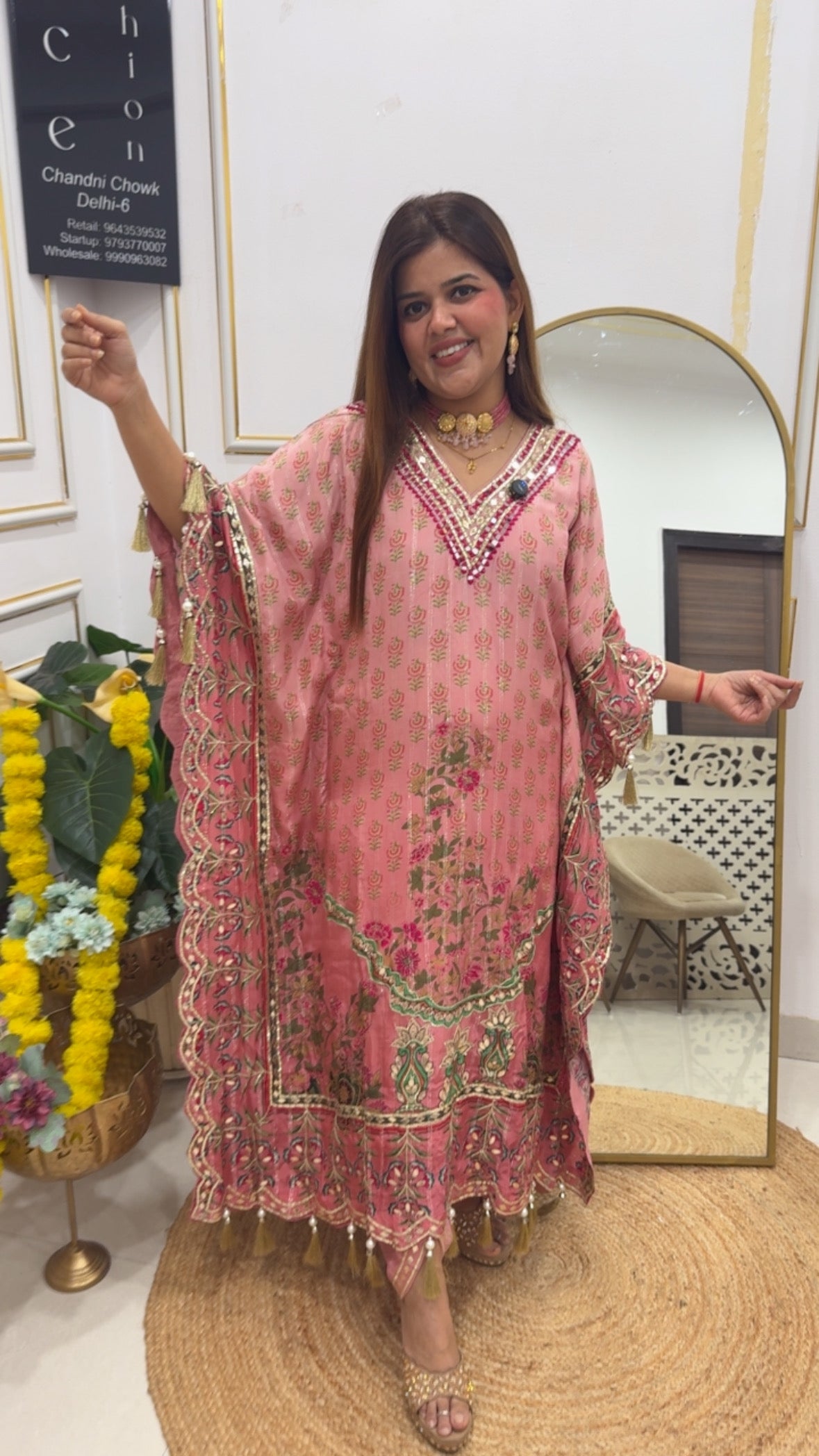 Ready to wear premium pure Chinnon pure digital printed with full peeta work and leather patch work Kaftaan dress with tulip pants(fits upto size 44) GF 701