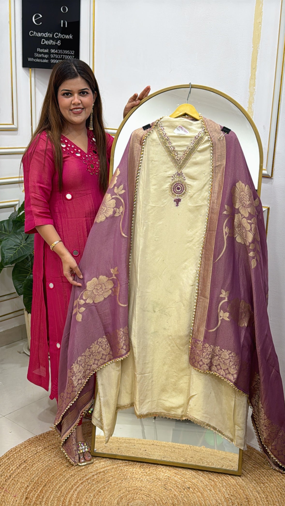 Elegant and designer golden ivory with elegant neck handwork along with contrasting weaved banarasi dupatta GF491