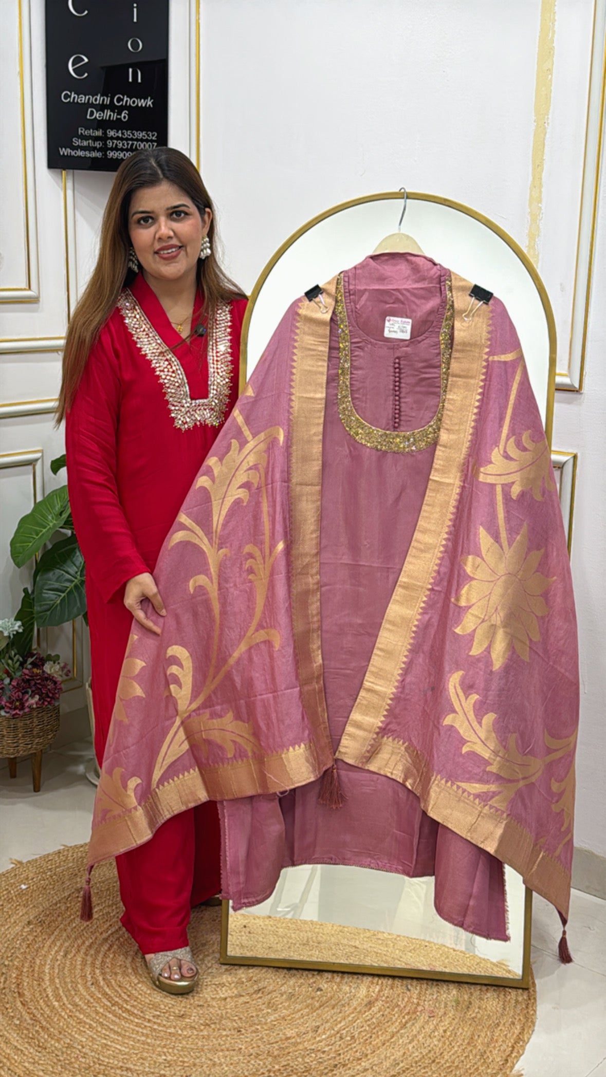 Pure Soft Shimmer Silk Shirt with Handwork Neck &amp; Weaved Banarasi Dupatta GF 525