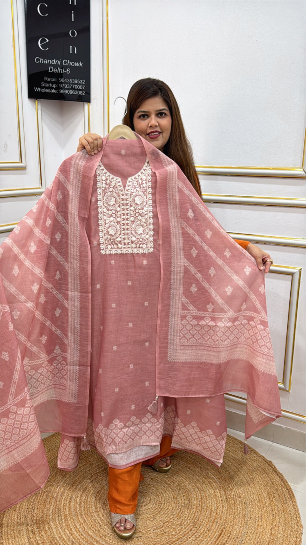 Elegant Jamdhani-Inspired Linen Suit Set (Unstitched) GF 279