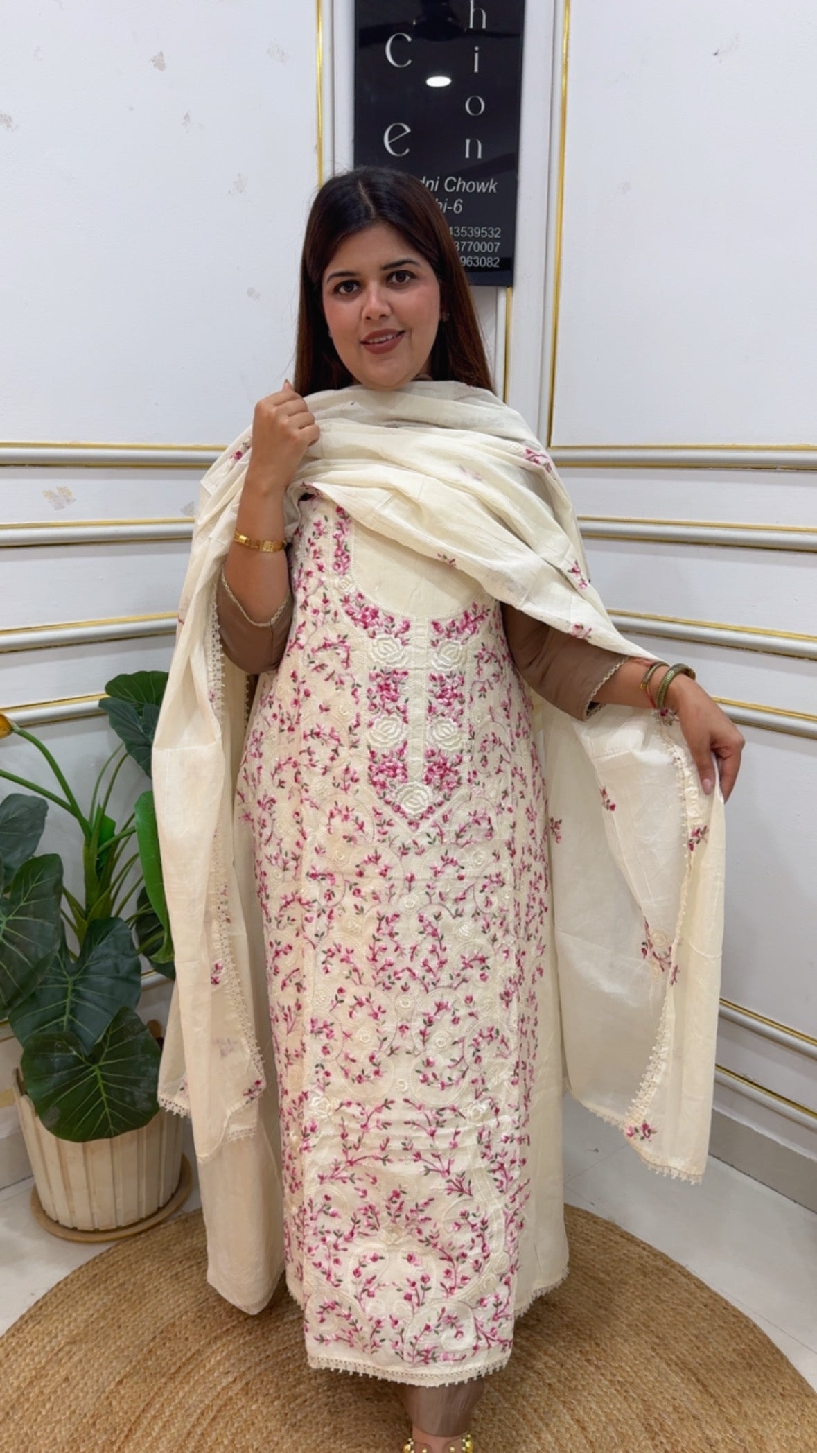Pure cotton full Persian embroidery work royal and classy suit material along along with pure cotton full embroidered dupatta GF1154 IVORY WHITE WITH PINK