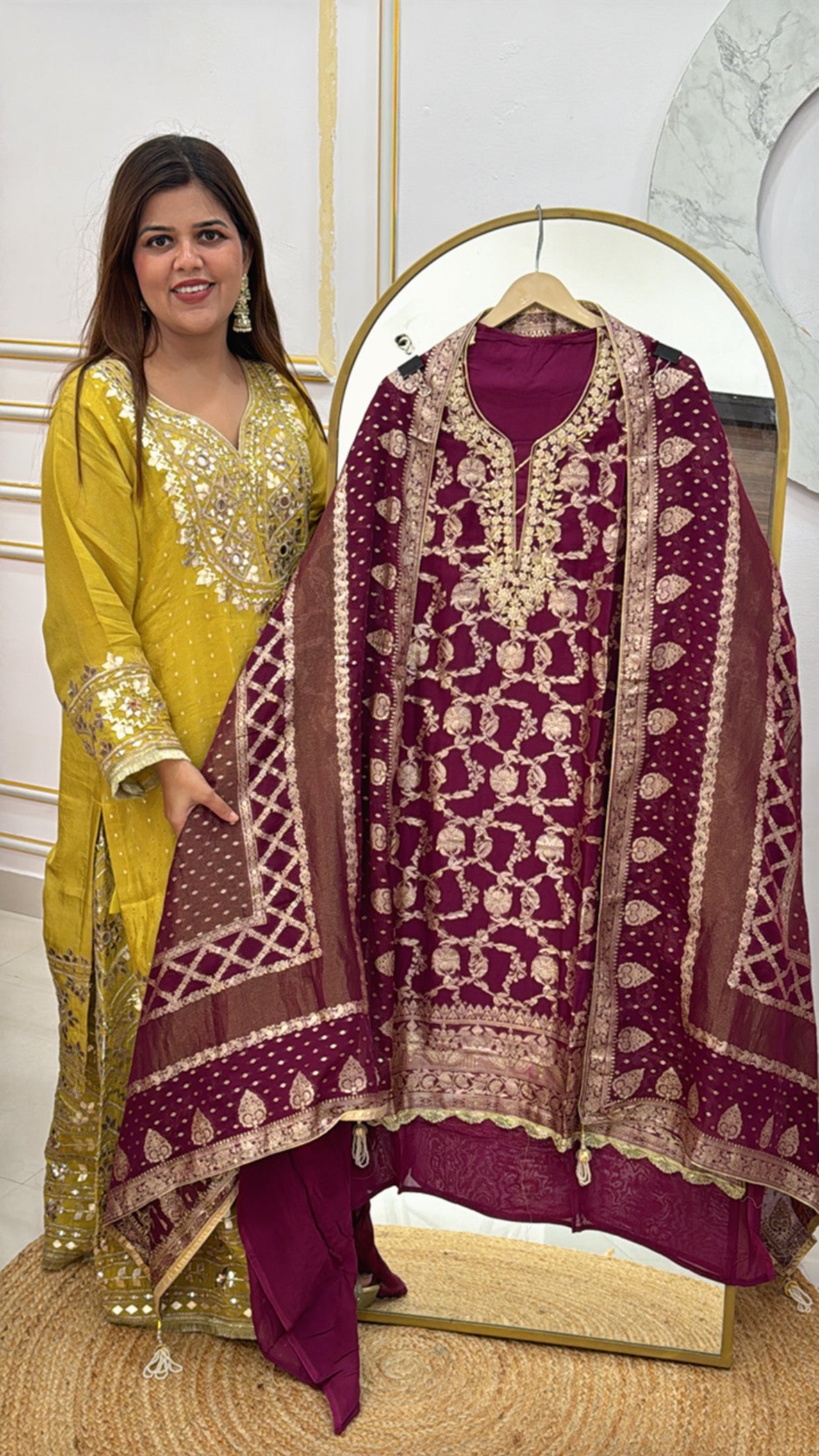 Wedding special partywear full weaved work organza silk shirt with handwork neck along with full length pure weaved dupatta GF479