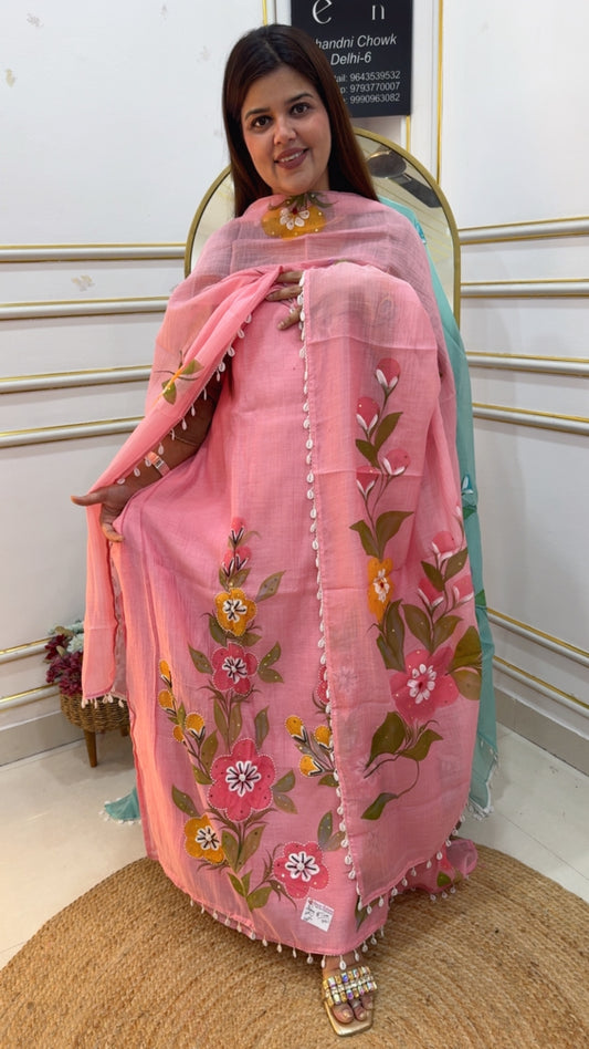 Mul Mul and hand painted most demanded brush painted suit material pure chiffon along with hand bead pearl work and hand painted dupatta GF1028 Blush Rose Pink