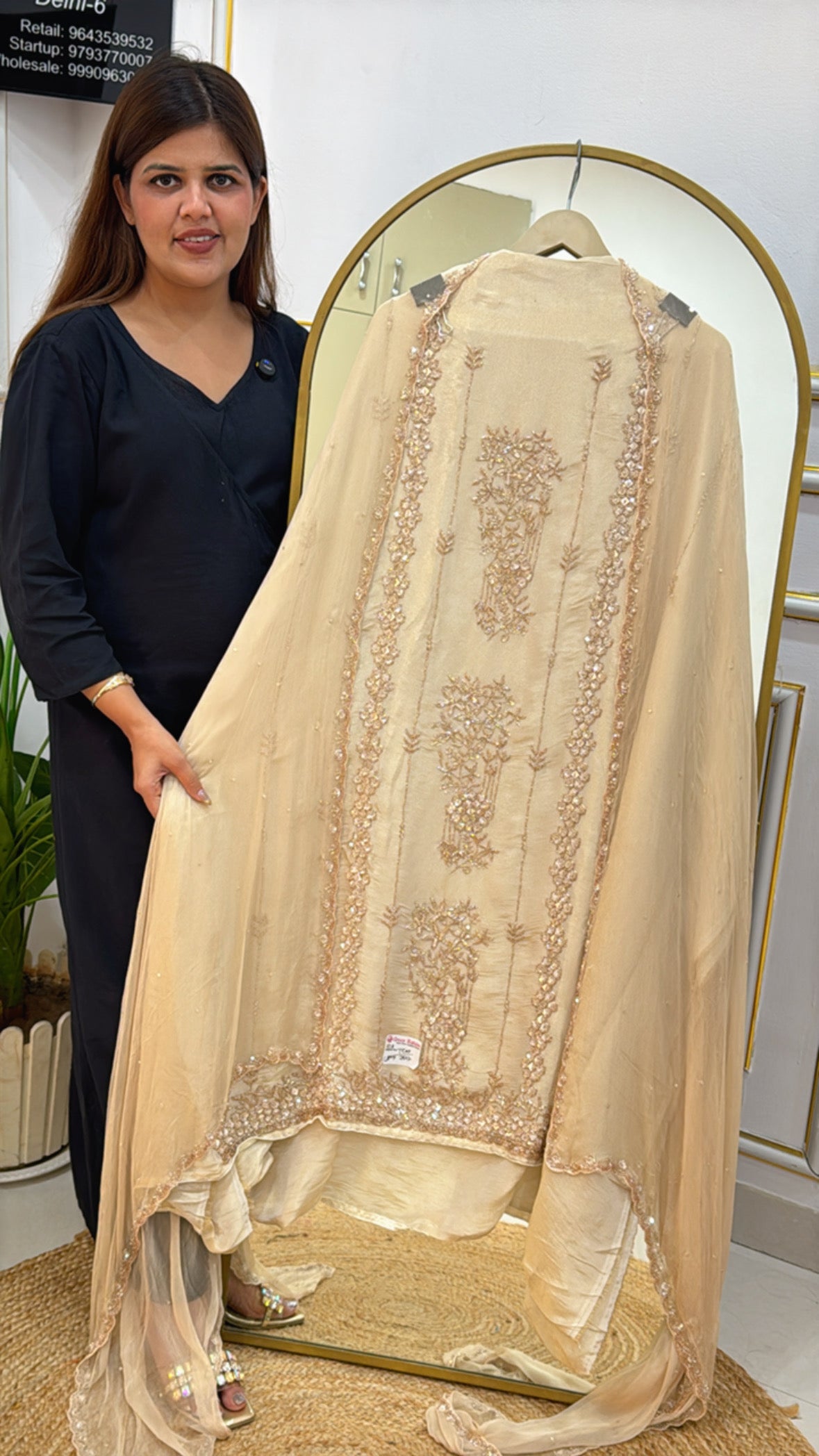 premium golden ivory shimmer silk material with handwork GF 323