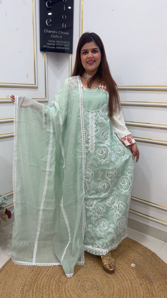Latest applique work designer summer friendly mul cotton suit material with all over applique work and classy look GF1085 SOFT GREEN