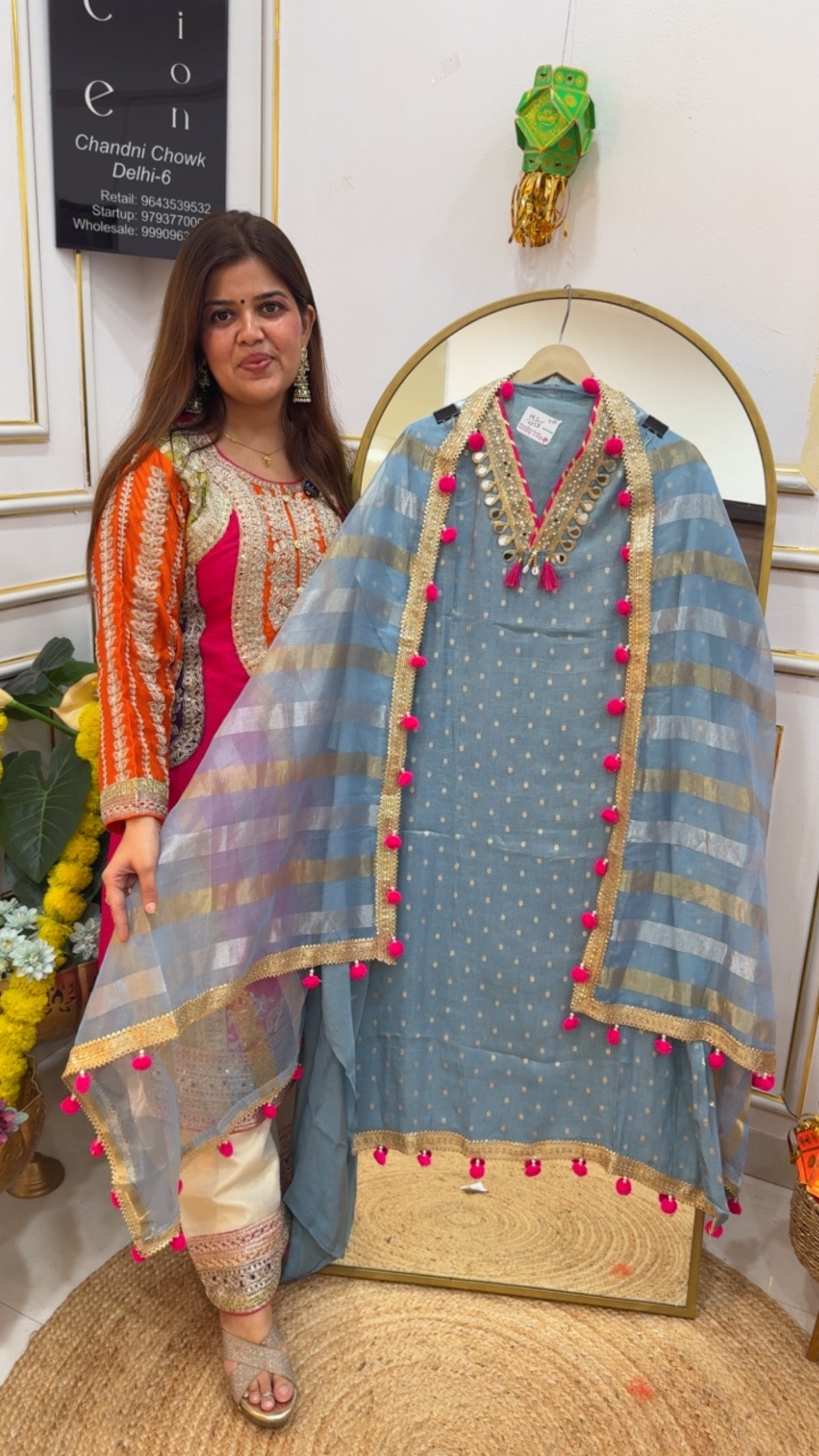 Designer partywear pure shimmer silk weaved mirror neck work with pom-pom detailing all over suit material GF 676