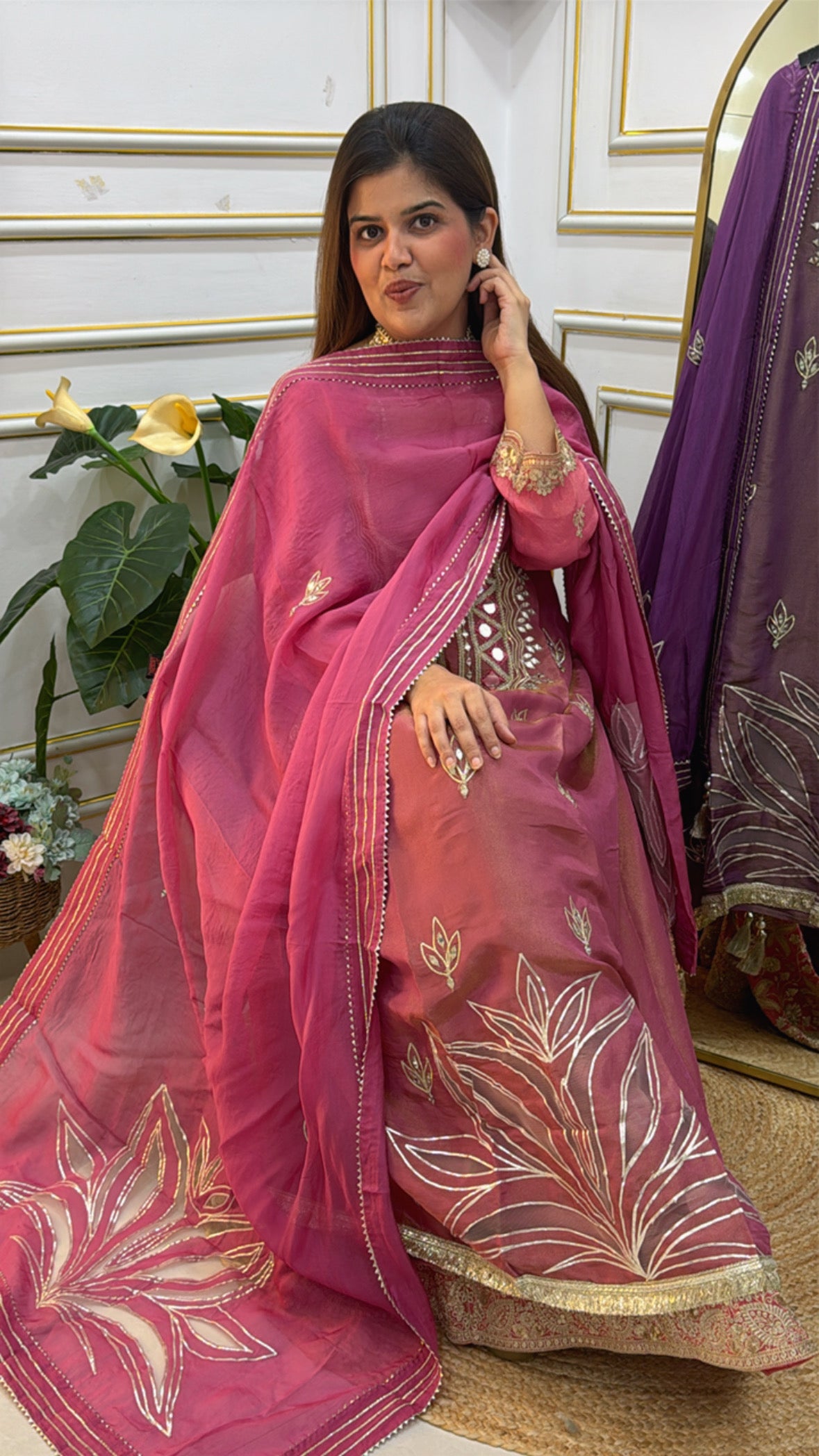 Latest and designer pure shimmer silk suit material along with neck mirror work and very unique applique detailing all over shirt and dupatta GF 599