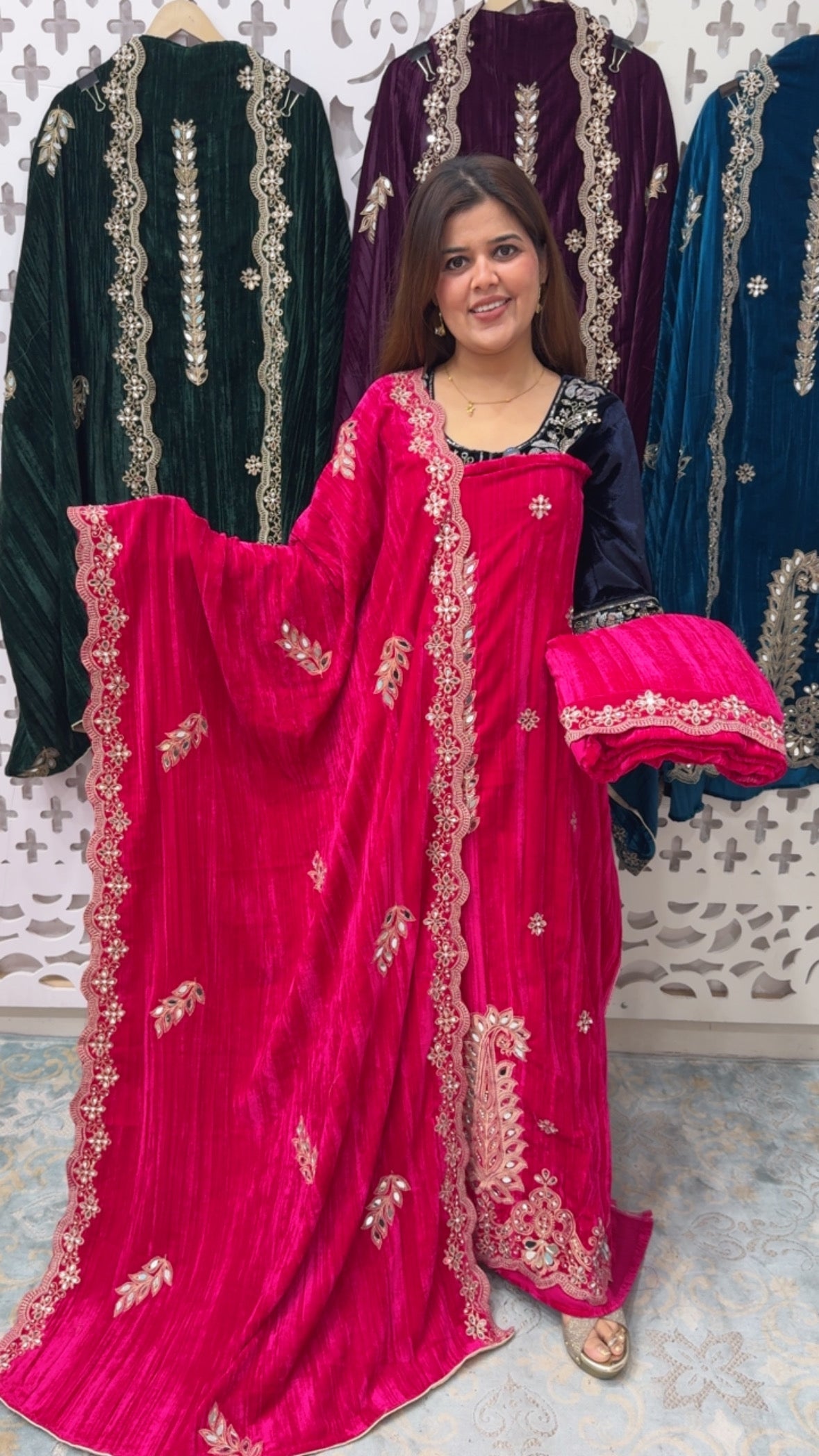 Premium luxury wedding style  crushed velvet suit material with pure handwork mirror deatailing  along with handwork crush velvet dupatta and bottom with handwork GF820