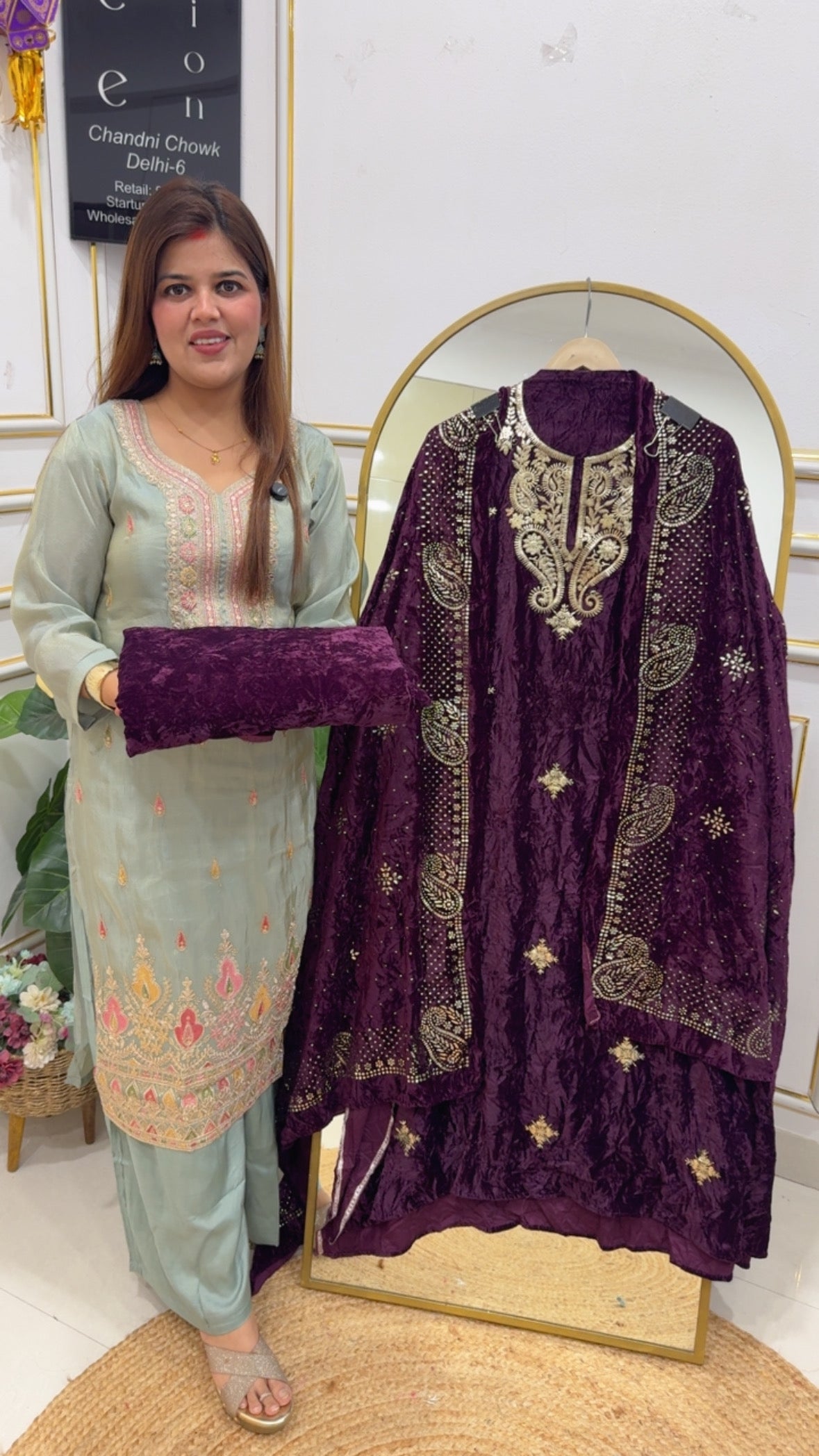 Partywear wear velvet suit material premium detailing of hand peeta  Doris work all over shirt material along with luxury Mukesh work dupatta with premium pure quality velvet bottom GF771