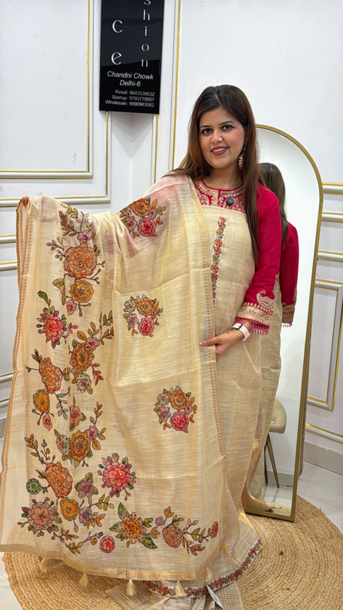 Designer Pure Raw Tusser Silk Suit Material with Appliqué Work Dupatta &amp; Allover Knot Detailing GF 444