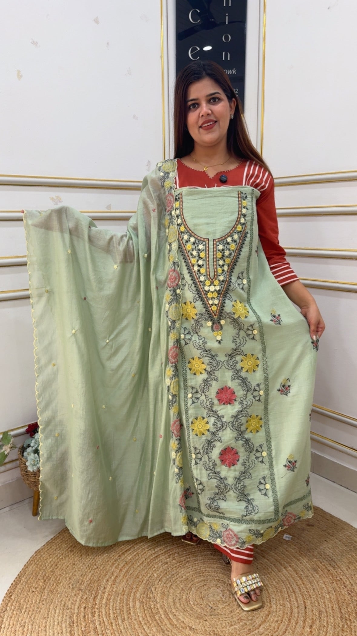 Pure premium Mul cotton fully embroidered suit material along with class scalped Mul Mul dupatta GF1108 SOFT GREEN