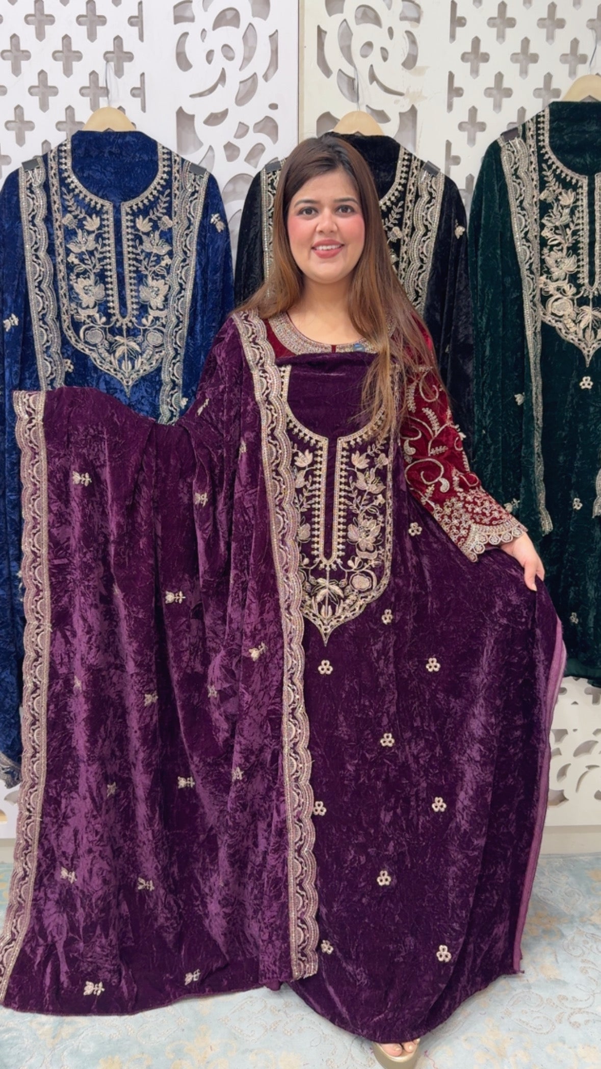 Super Royal crushed velvet  style and elegant full work velvet suit material with full work dupatta and velvet bottom GF840