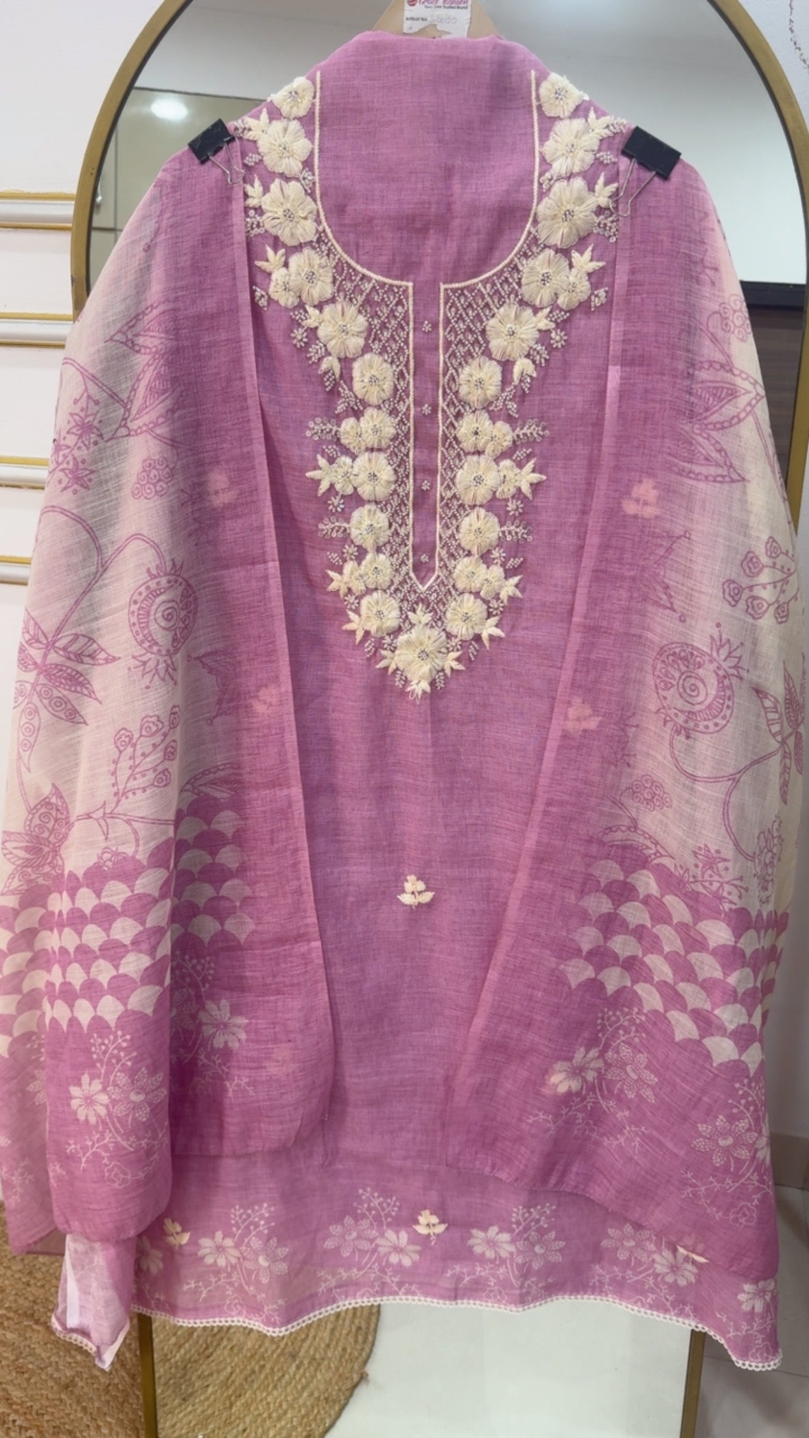 Pure cotton linen summer special hand work detailing over neck along with digital printed pure linen dupatta GF1140 Light Purple