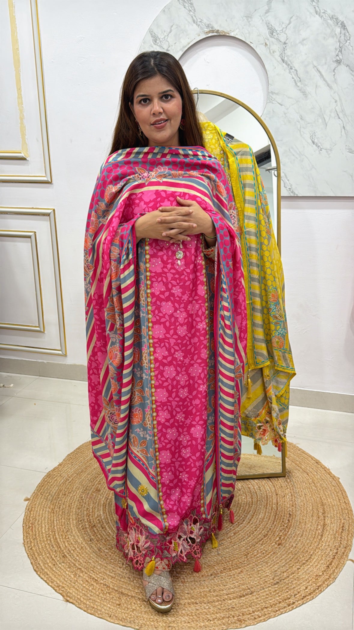 Stylish and comfortable pure super soft digital muslin suit material along with muslin dupatta and designer ghera work GF498