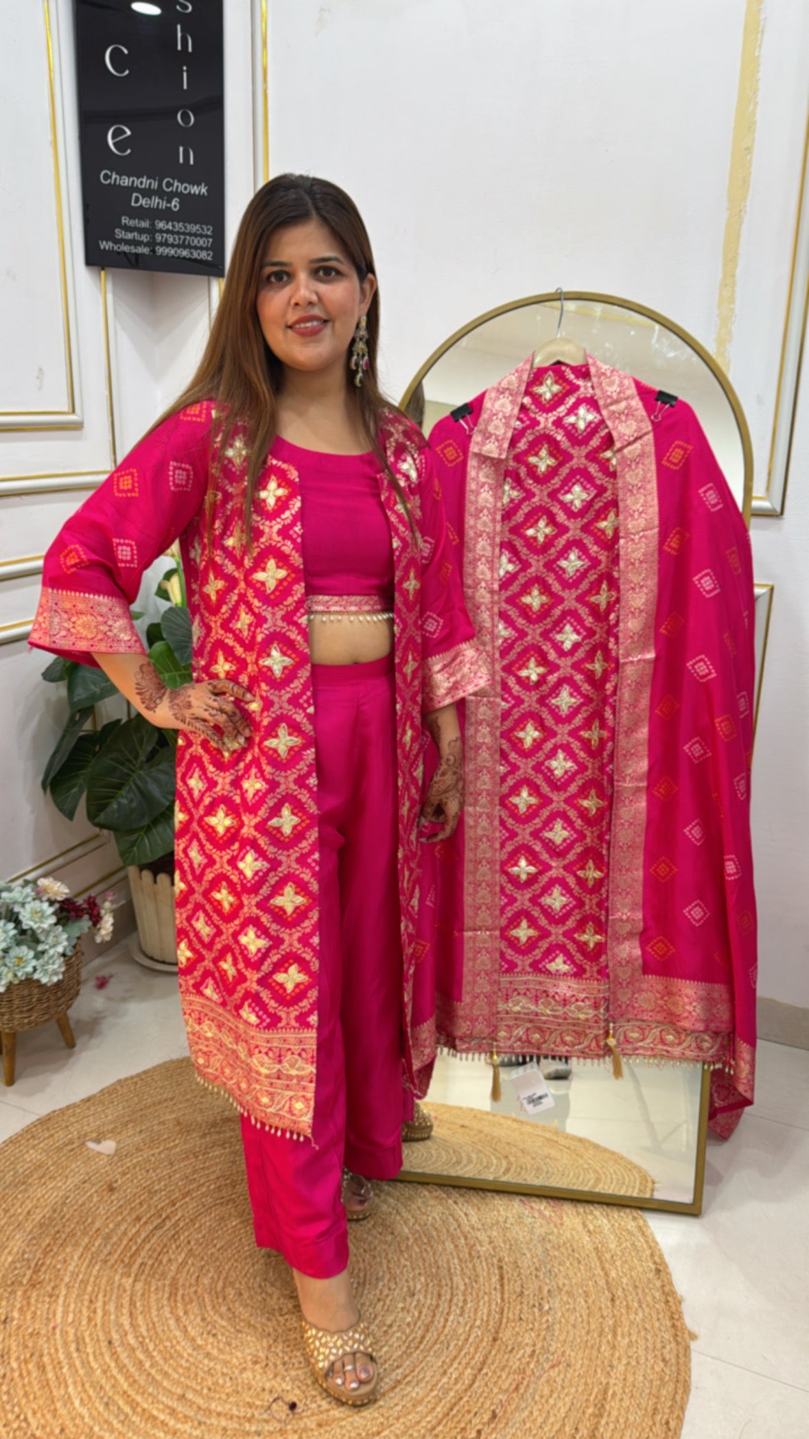 Premium Maheshwari Raw Silk Suit with Handcrafted Gota Work &amp; Bandhani Printed Silk Dupatta GF 406