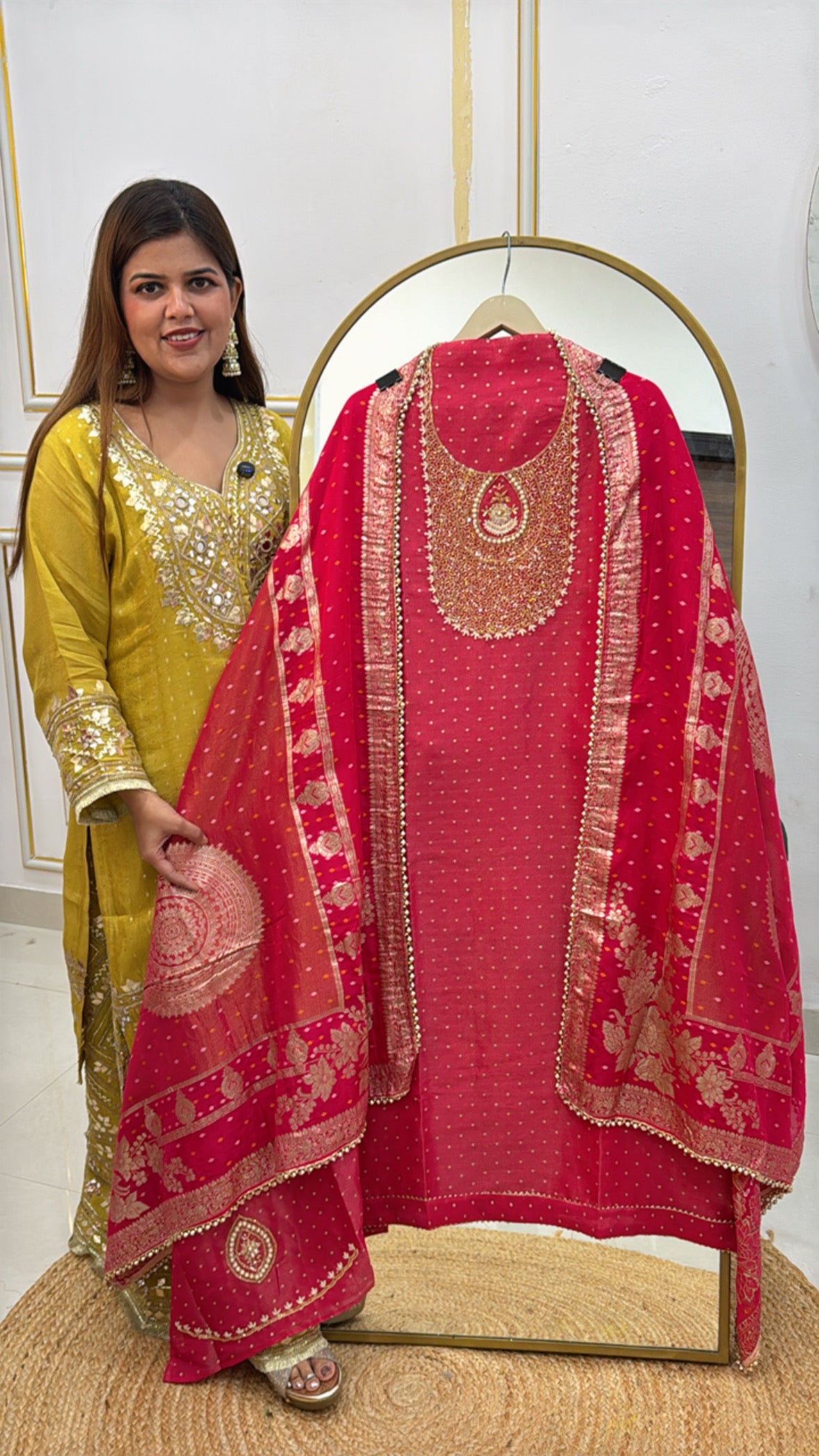 Partywear manual unique handwork suit material with full length weaved dupatta along with silk bottom GF483