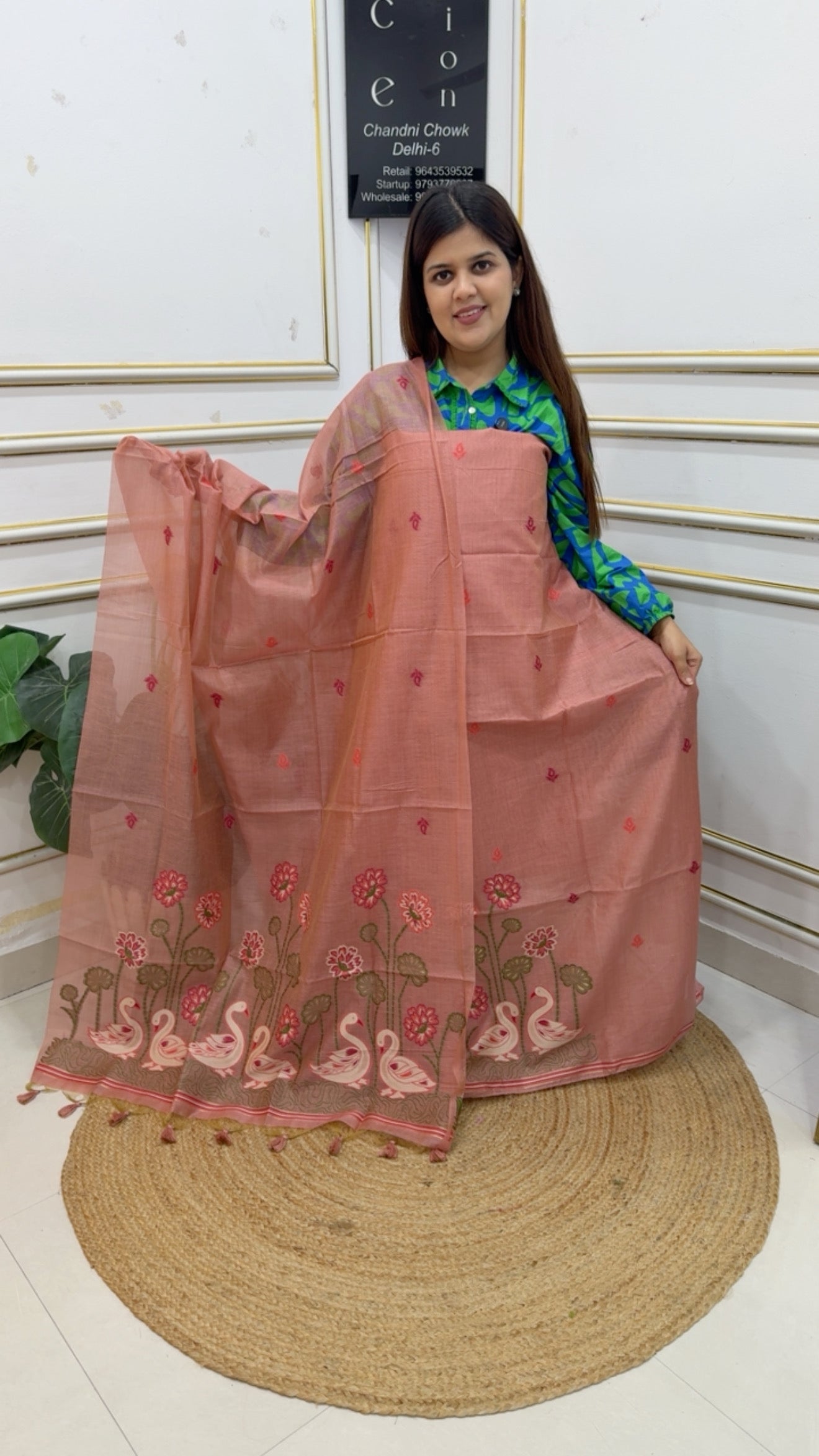 Premium quality best seller pure Moonga silk  jamdhani  swan detailing weaved dupatta along with Jamdani neck detailing and premium looking jamdhani dupatta  GF1185
