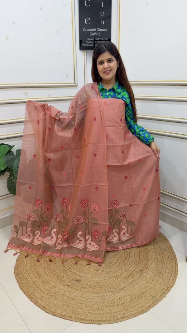 Premium quality best seller pure Moonga silk  jamdhani  swan detailing weaved dupatta along with Jamdani neck detailing and premium looking jamdhani dupatta  GF1185