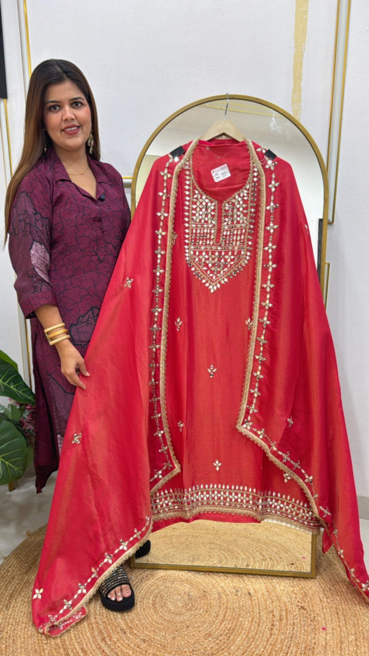 Best seller pure shimmer silk mirror handwork neck suit material along with mirror detailing shimmer silk dupatta GF593