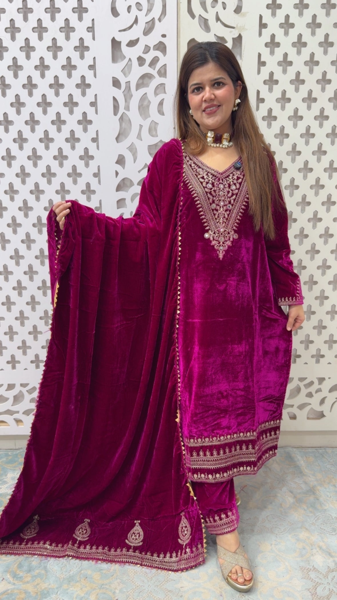 Ready to wear velvet partywear dress suit with full front back embroidered work along with full work velvet dupatta GF857