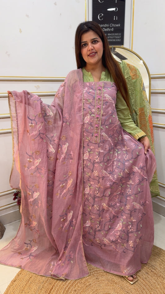 Most Trending Mul Mul full Resham embroidery bird creation very pretty Summerish suit material along with full embroidery dupatta GF1037 Pink