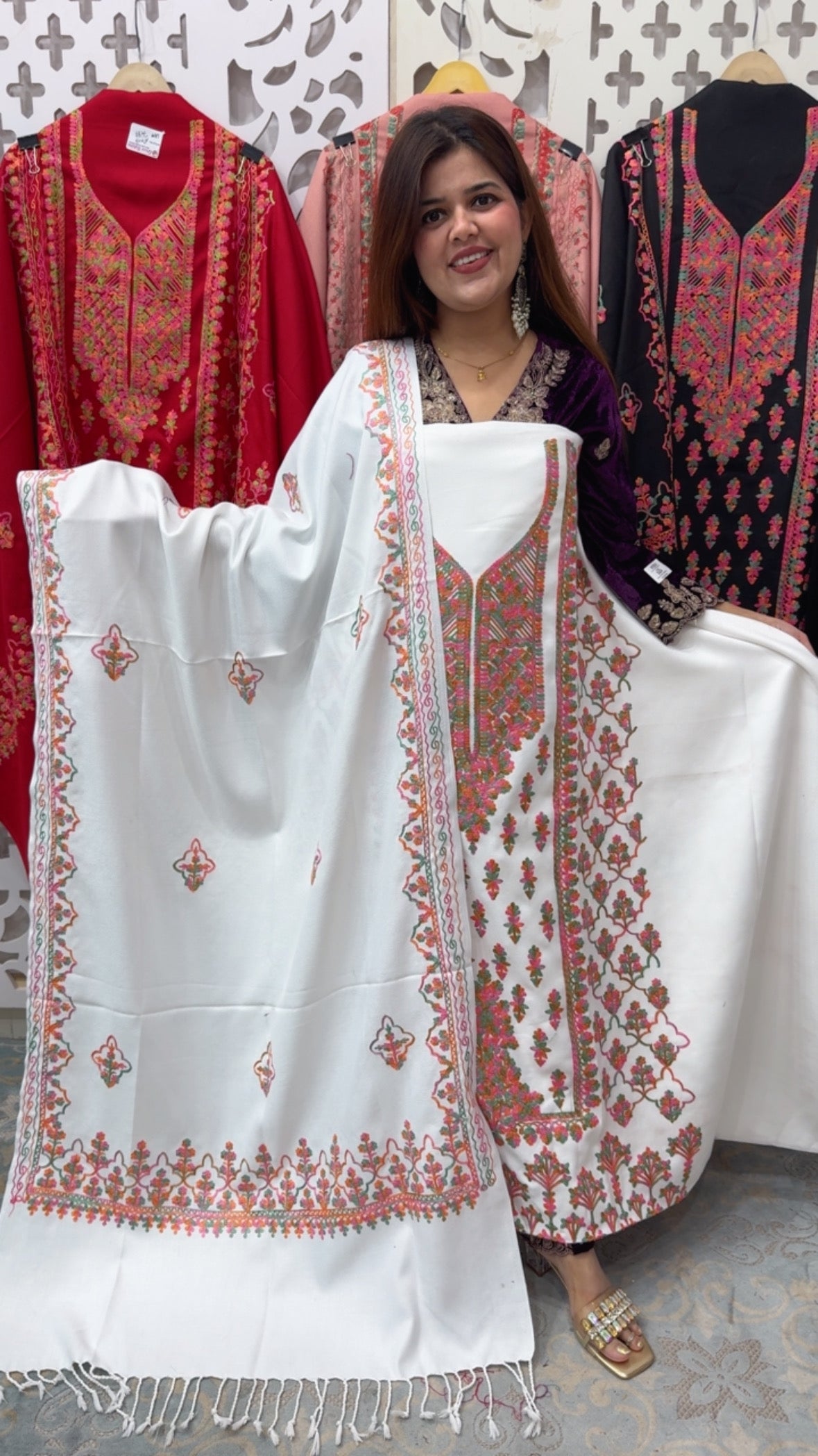 Super elegant and pure full embroidery Kashmir pashmina suit with full embroidery Kashmiri pashmina shawls and embroidered pashmina bottom GF837